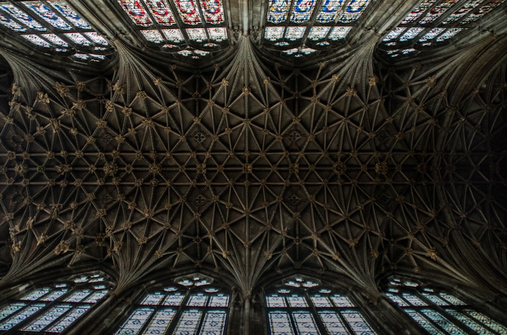 worm's-eye view of gray cathedral ceiling