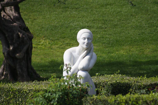 A white statue of a person with a contemplative expression is nestled in a lush green garden. The statue is surrounded by well-trimmed bushes and sits near an aged tree with a gnarled trunk. Sunlight casts soft shadows on the scene, providing a serene and peaceful atmosphere.
