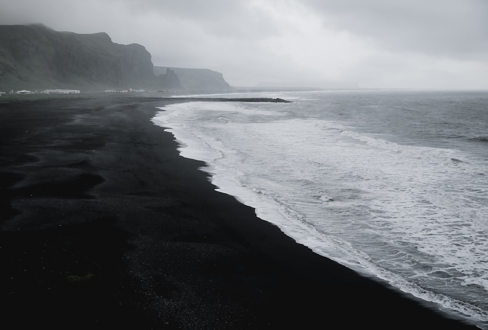 seashore in grayscale photo