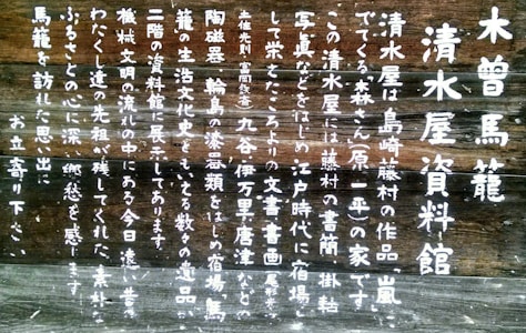 White Japanese text is painted on a dark wooden background. The text is arranged in vertical lines and occupies a significant portion of the surface. The wood appears aged and weathered, enhancing its rustic appearance.