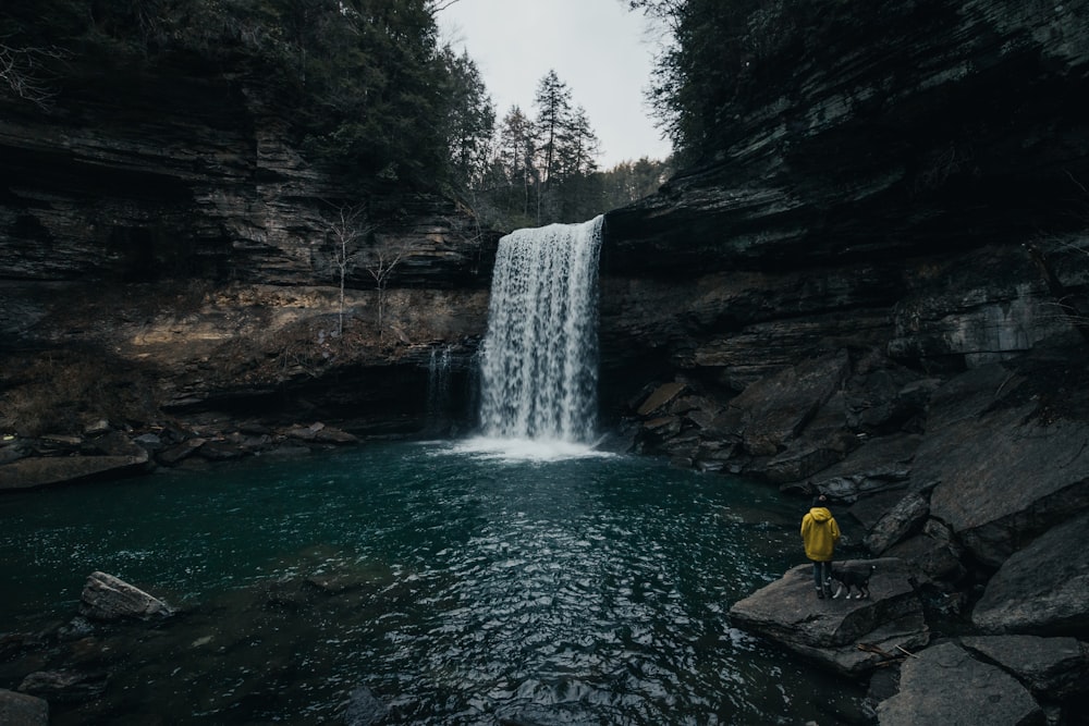 person in front of waterfalls