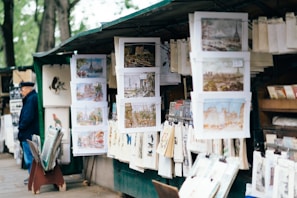 An outdoor art stall displays a variety of paintings and prints, with many depicting urban and scenic landscapes. The stall is situated in a shaded area with trees in the background. A person wearing a dark hat and coat stands to the left, seemingly observing the collection. The artworks are hung neatly on racks and are surrounded by other art supplies and materials.