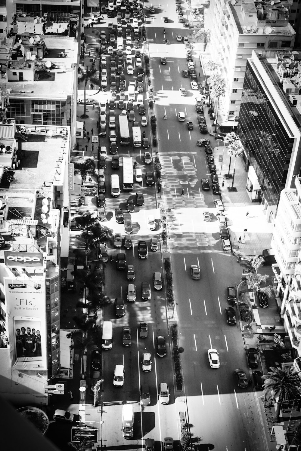 grayscale bird's eye-view photography of city road