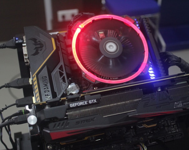 lighted black and gray graphics card