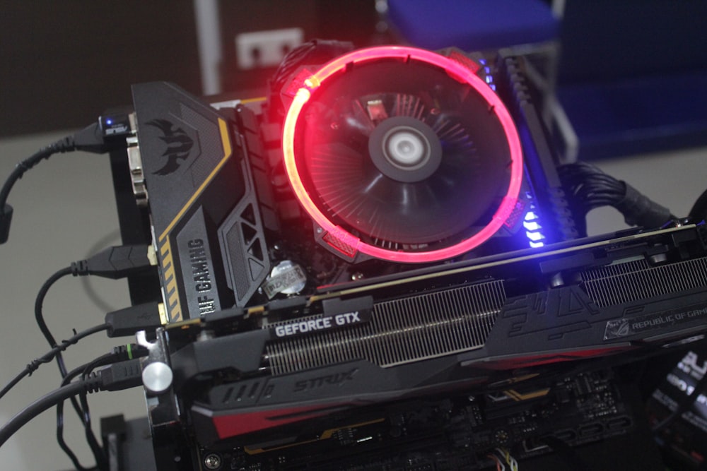 lighted black and gray graphics card