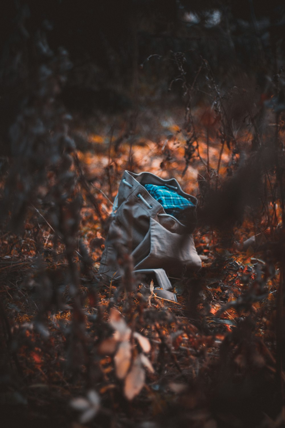 gray bucket bag surrounded by dried plants