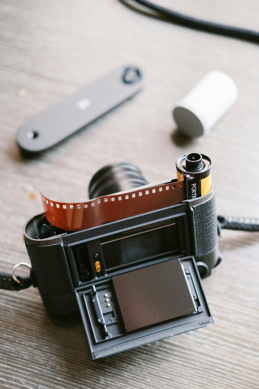 black camera on table