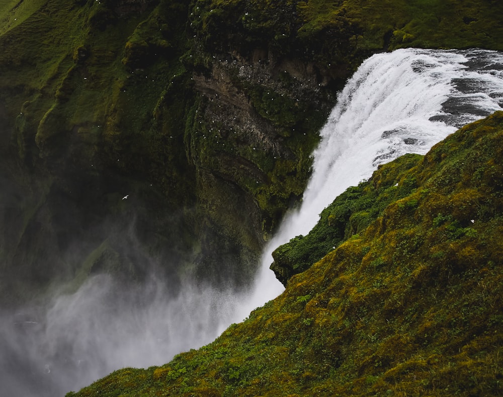 flowing waterfalls near green mountains