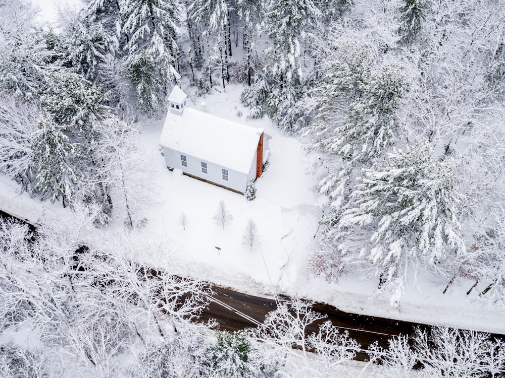 aerial photo of snow-covered building and trees