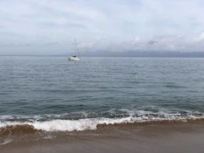 A serene coastal scene with a gentle breeze and a sailboat on calm blue waters.