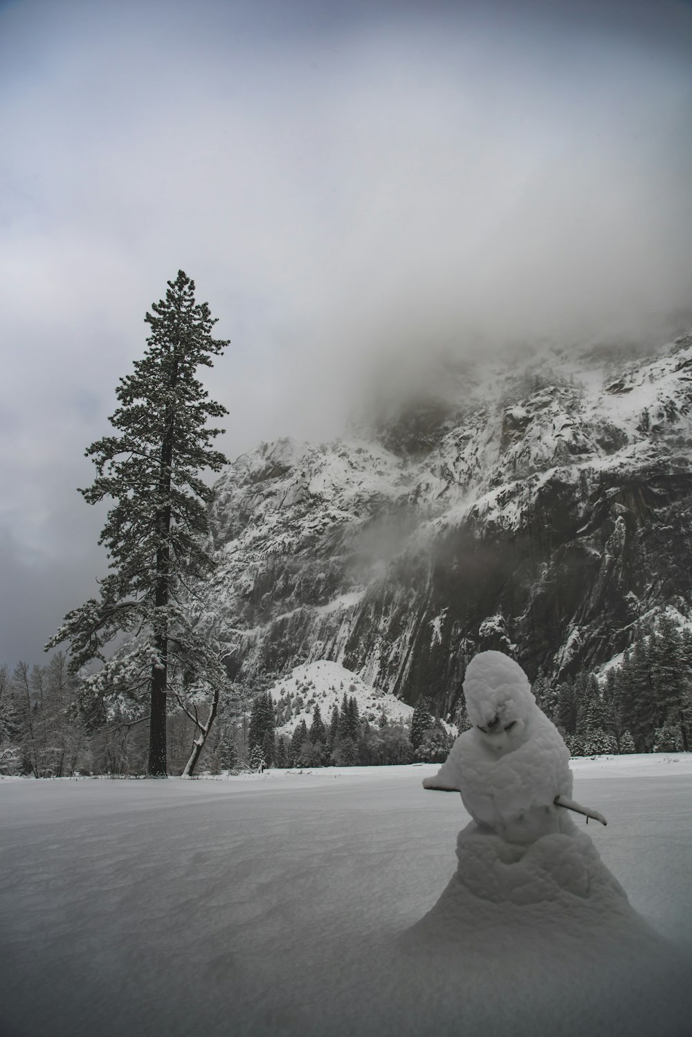 gray scale photo of snowman