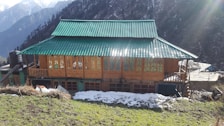 A rustic wooden house with a green tiled roof stands amidst a backdrop of snowy mountains and evergreen trees. Sunlight bathes the scene, casting rays across the structure, with patches of snow visible on the ground. The house features large windows with intricate wooden designs and a small staircase leading to the entrance.