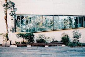 A modern architectural facade with large reflective glass windows set into a beige wall. In the foreground, there is a long wooden bench surrounded by small green shrubs and a single slender tree. Two waste bins labeled 'WASTE' and 'RECYCLE' are positioned near the tree. The scene is outdoors, with a paved area in front of the building.