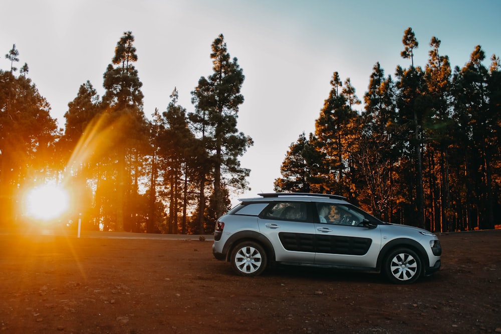 grey and blakc SUV across trees