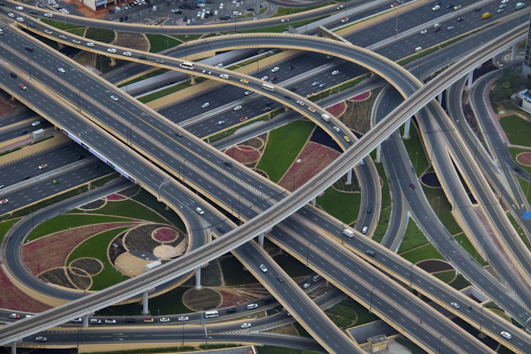 Aerial view of UAE highway network and road infrastructure