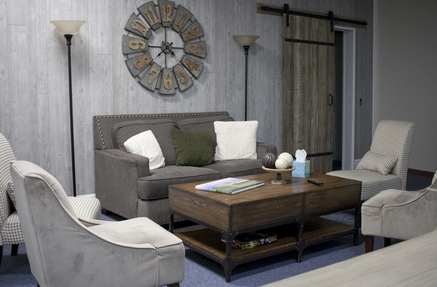 Soft cushions on a grey sofa