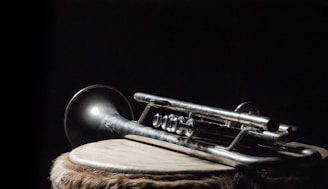 A silver trumpet rests on a circular wooden drum covered with animal skin, set against a dark, moody background. The instrument's metallic sheen is subtly highlighted by light, creating a contrast with the shadowy surroundings.