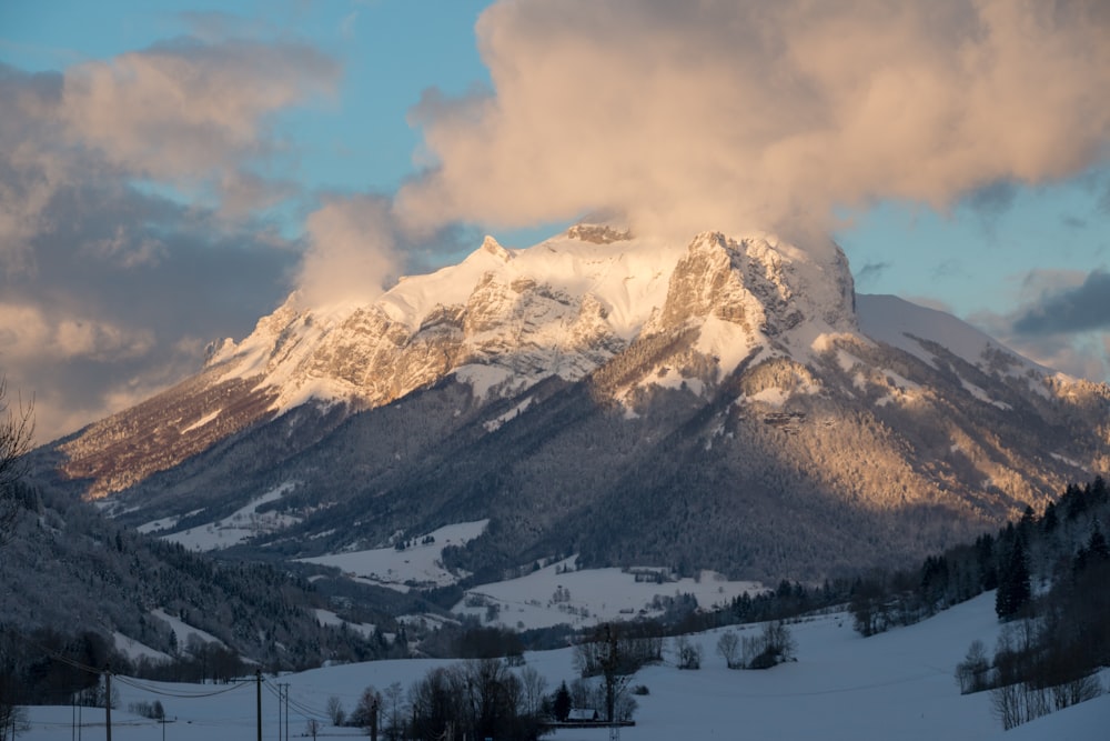 Foto di paesaggio di montagna coperta di neve durante il giorno