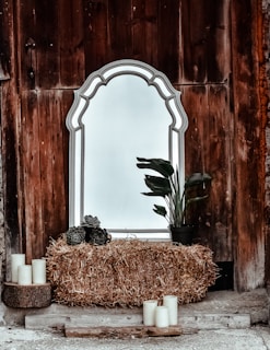 gray framed leaning mirror with hay and potted green leaf plant