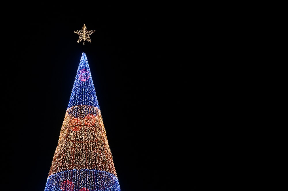 lighted Christmas tree under black sky