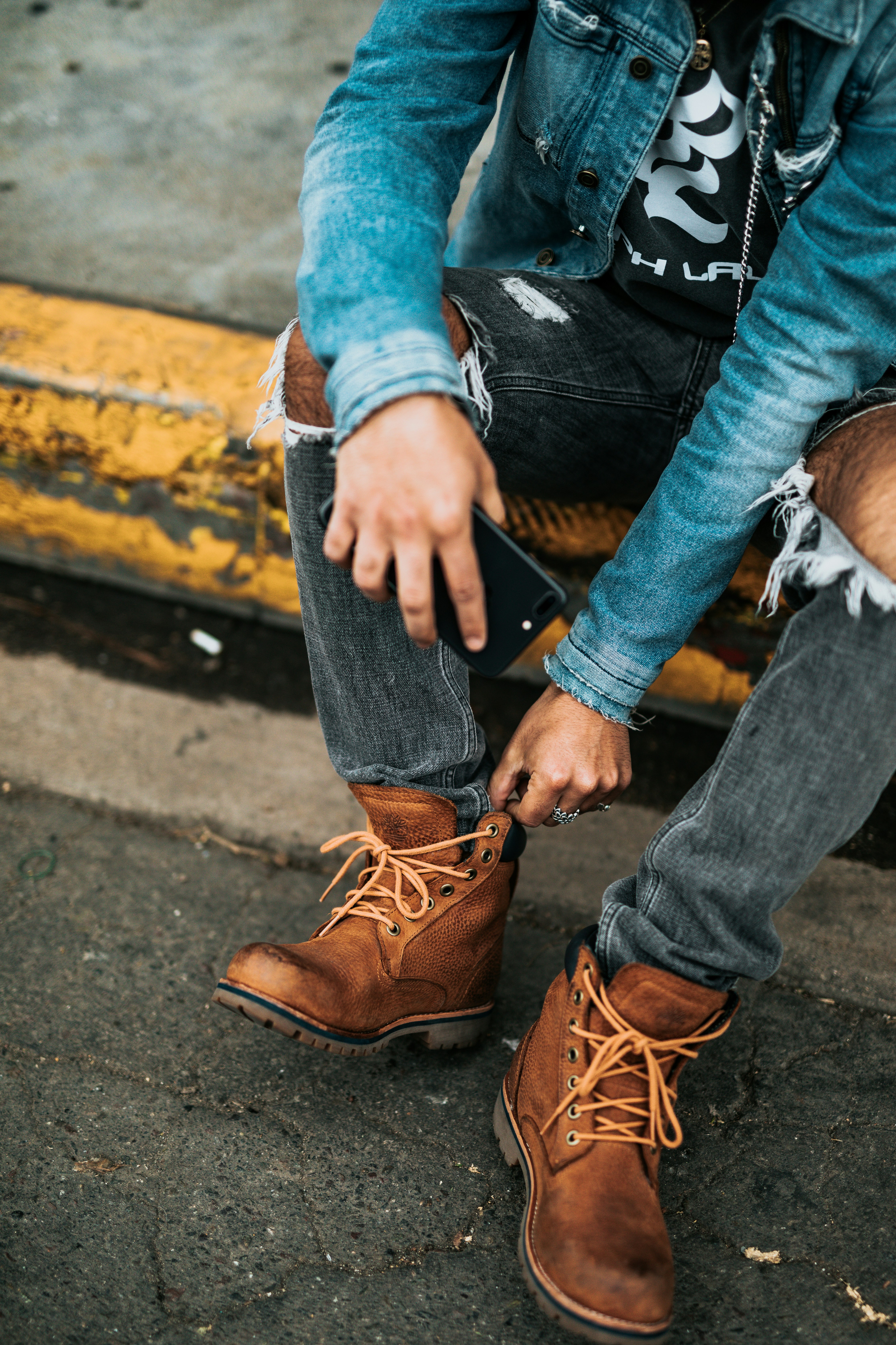 denim jacket and timberland boots