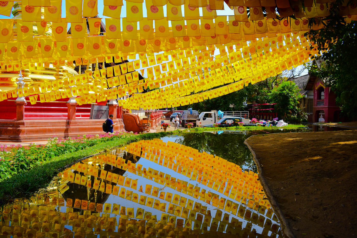 A temple in Chiang Mai, Thailand, reflected in water