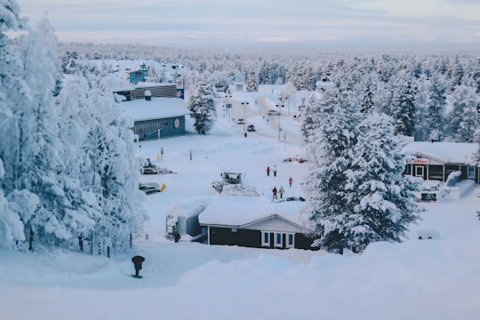 houses near tree and mountain covered by snow in Lapland Finland