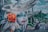 A surreal mural featuring a character with blue skin, large eyes, and red lips, adorned with a fur headdress and an orange rose. The background includes a whimsical landscape with rocky formations and fantastical creatures resembling cats.