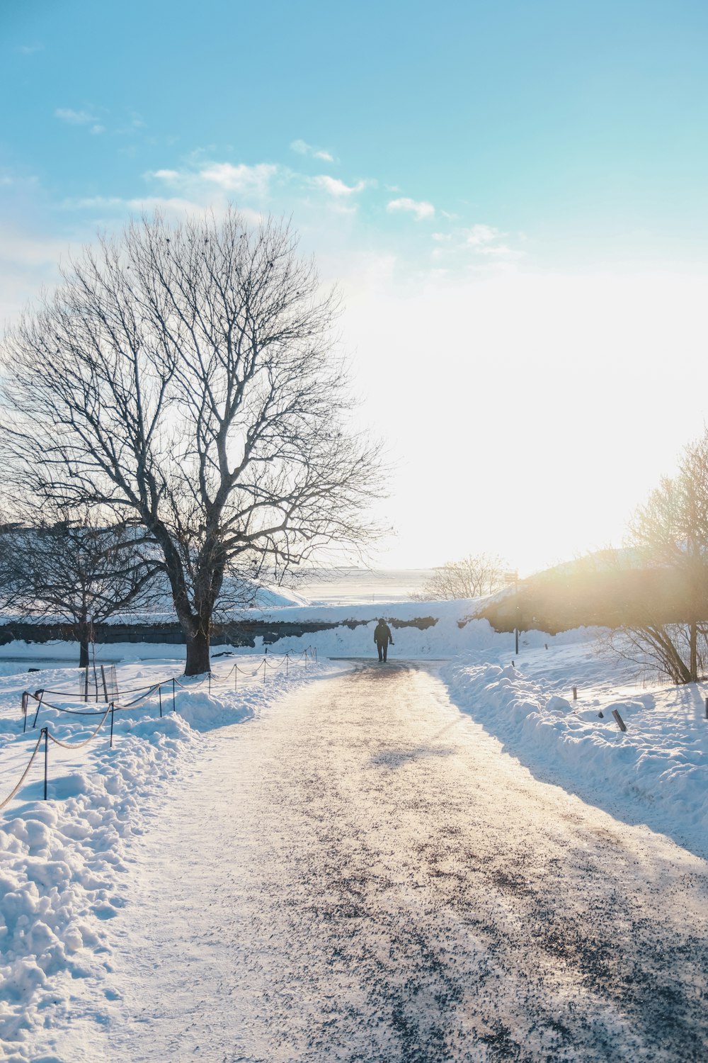 Persona que camina por un camino nevado durante el día