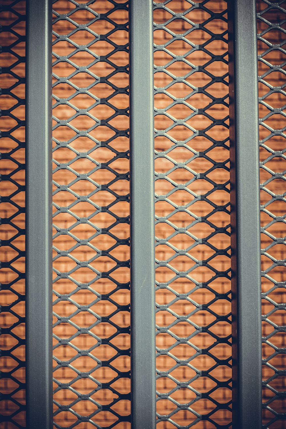 um close up de uma cerca de metal com uma parede de tijolos ao fundo