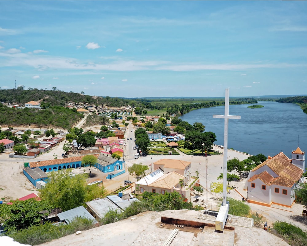 aerial view of houses near body of water