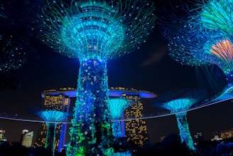 blue lighted towers during nighttime