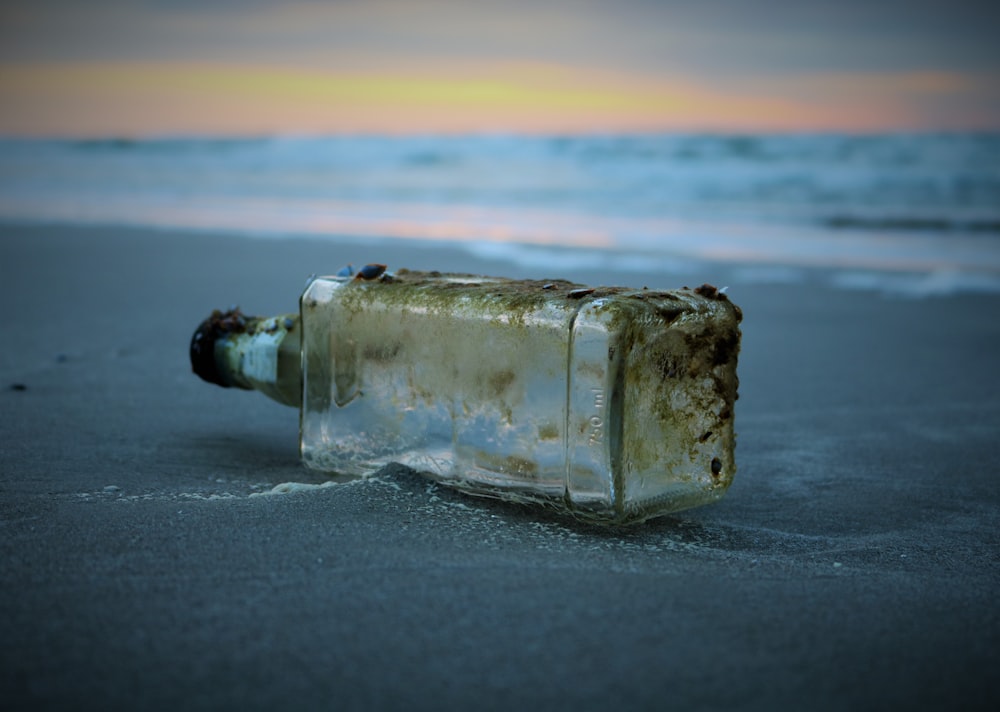 selective focus photography of bottle drifted on shore