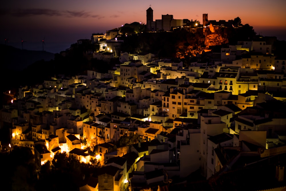 landscape photo of buildings with lights at night