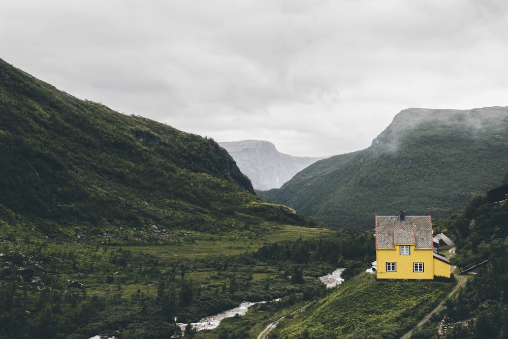 landscape photography of green leaf tree covered valley with body of water and yellow house sticker edited photo