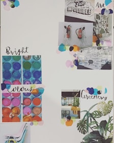 A collage featuring various pictures and text elements with an artistic flair. It includes images of paint palettes with vibrant colors, an interior space with greenery, motivational text, and graphic art, surrounded by pastel confetti-style decorations.