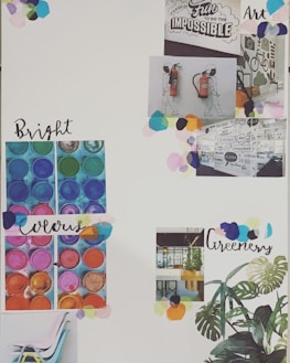 A collage featuring various pictures and text elements with an artistic flair. It includes images of paint palettes with vibrant colors, an interior space with greenery, motivational text, and graphic art, surrounded by pastel confetti-style decorations.