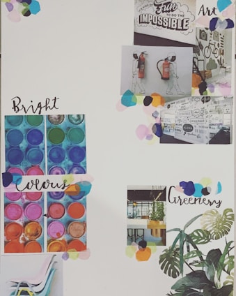 A collage featuring various pictures and text elements with an artistic flair. It includes images of paint palettes with vibrant colors, an interior space with greenery, motivational text, and graphic art, surrounded by pastel confetti-style decorations.