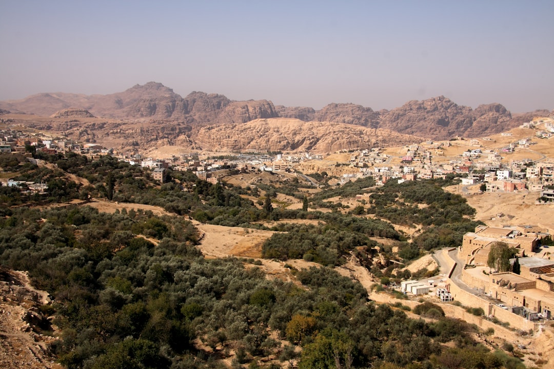 aerial photography of lands with trees and houses in Petra Jordan