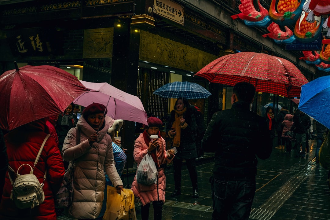 people standing on pathway holding umbrella