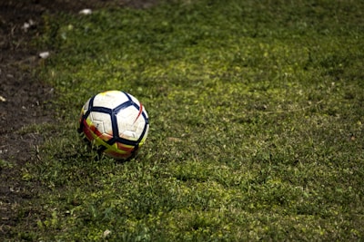 A close-up of a soccer ball resting on the grass.