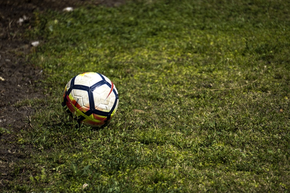 white and black soccer ball on green grass
