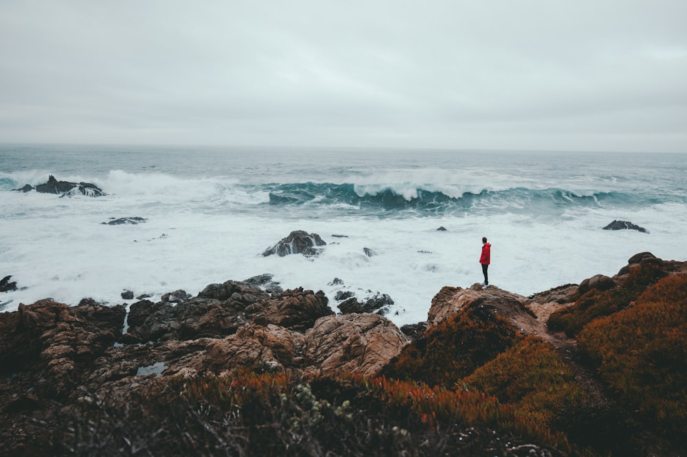 homme debout sur une formation rocheuse brune à côté du bord de mer pendant la journée