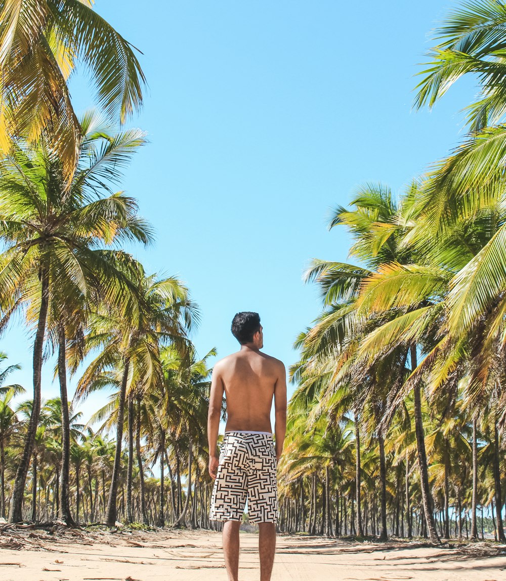 man standing on empty road in between coconut trees