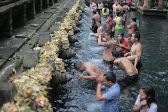 group of people take a bath on fountain during daytime