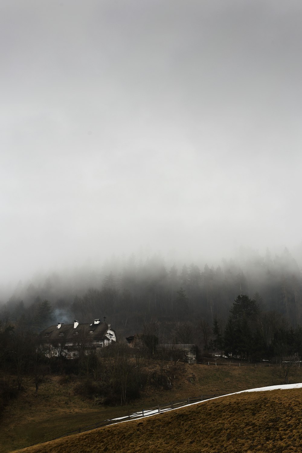 Photo en plongée d’une maison blanche et brune entourée d’arbres et de brouillards