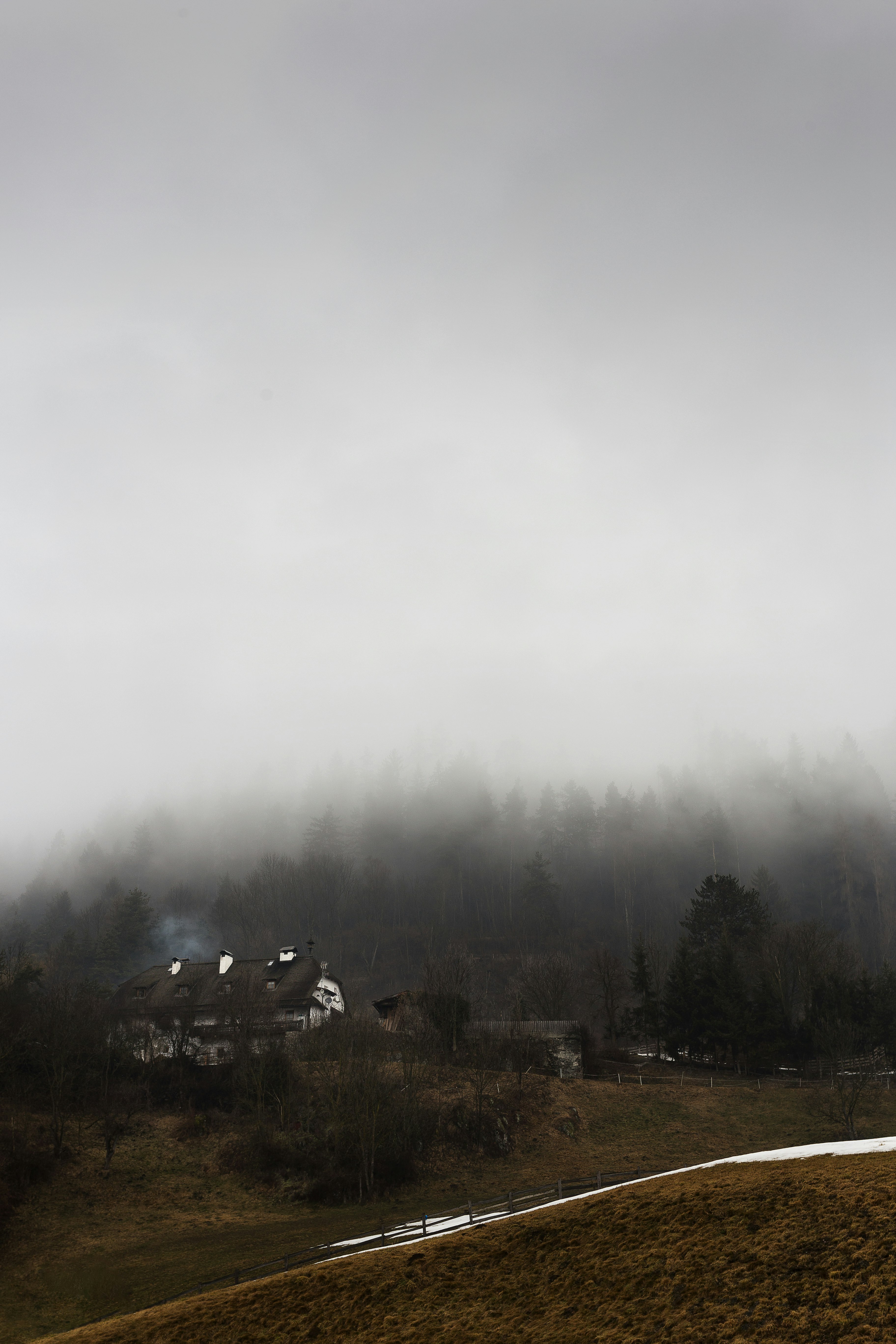 high-angle photo of white and brown house surrounded with trees and fogs