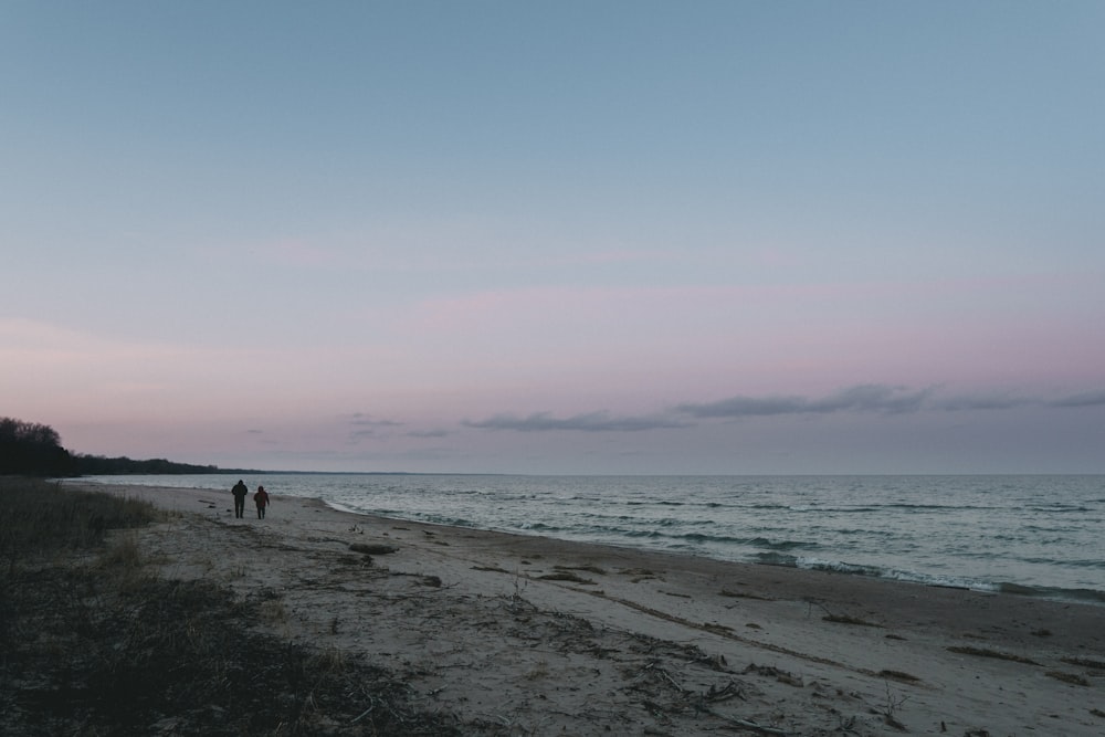 해변을 걷고 있는 두 사람 파노라마 사진