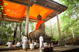 A large Buddha statue sits under a pavilion adorned with a bright orange canopy. Several people in white clothing are gathered around the statue, engaged in various activities including prayer and meditation. The setting is outdoors, surrounded by lush green trees, creating a peaceful and serene atmosphere.