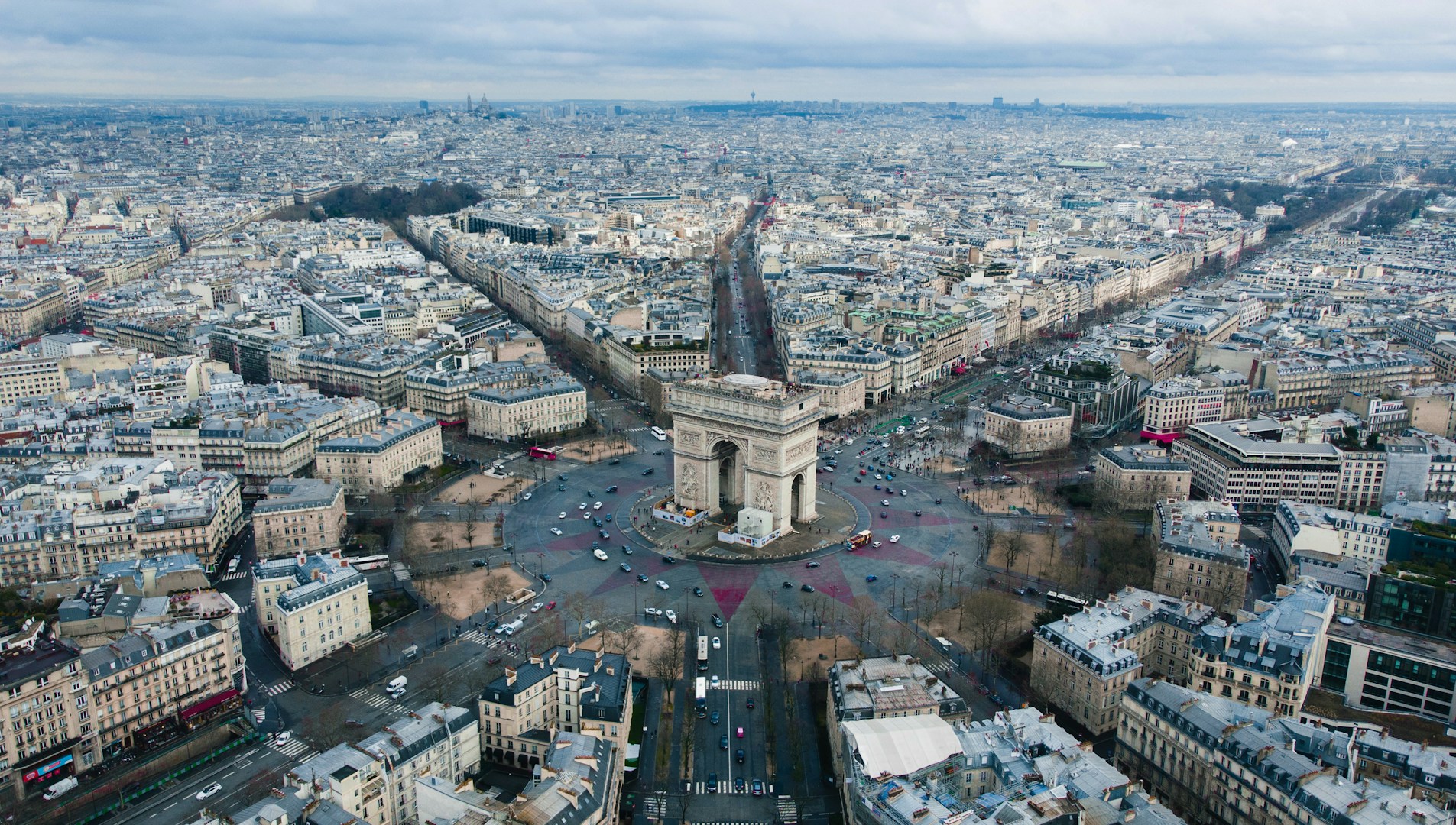 Birds eye view of Arc de Triomphe in Paris